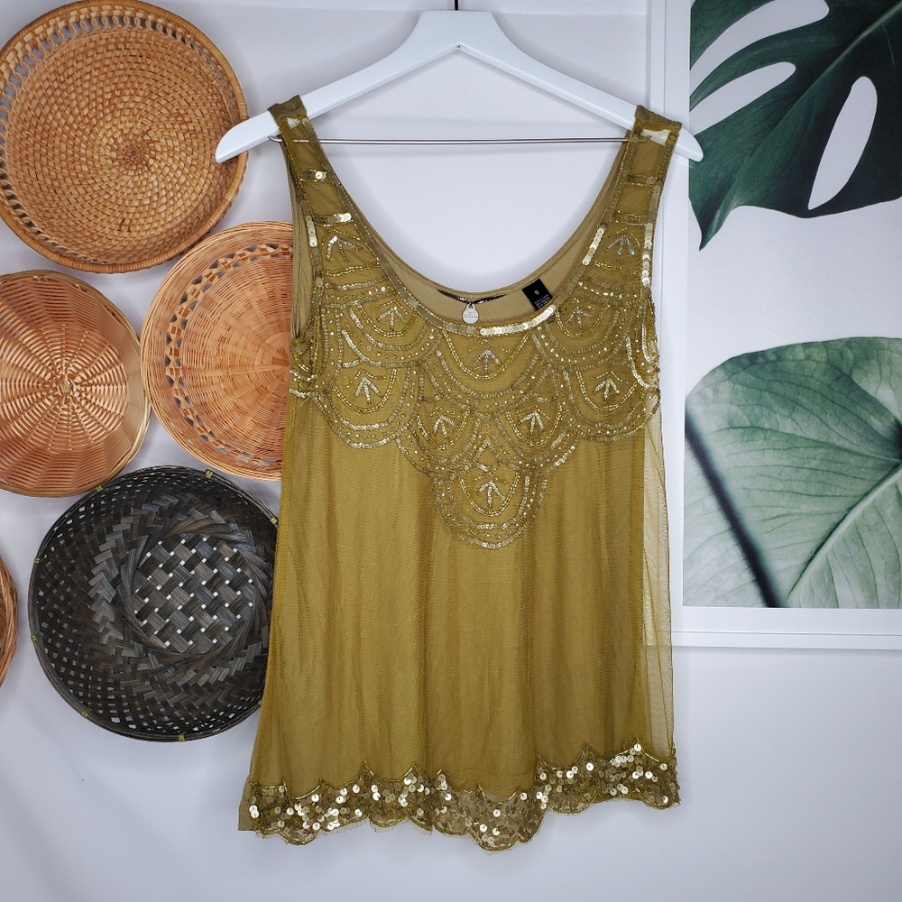 BKE Green Lace Front Beaded Sequins Boho Gypsy Top